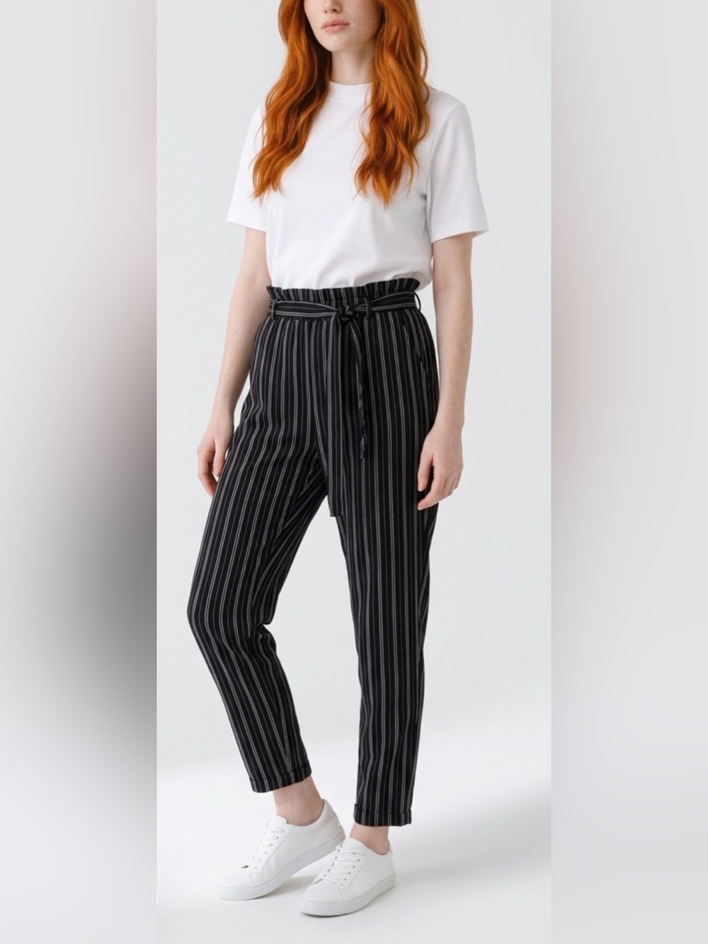 Becool Striped Paperbag Waist Pants - Black - Medium - SKU 75 - Picture 2 of 6